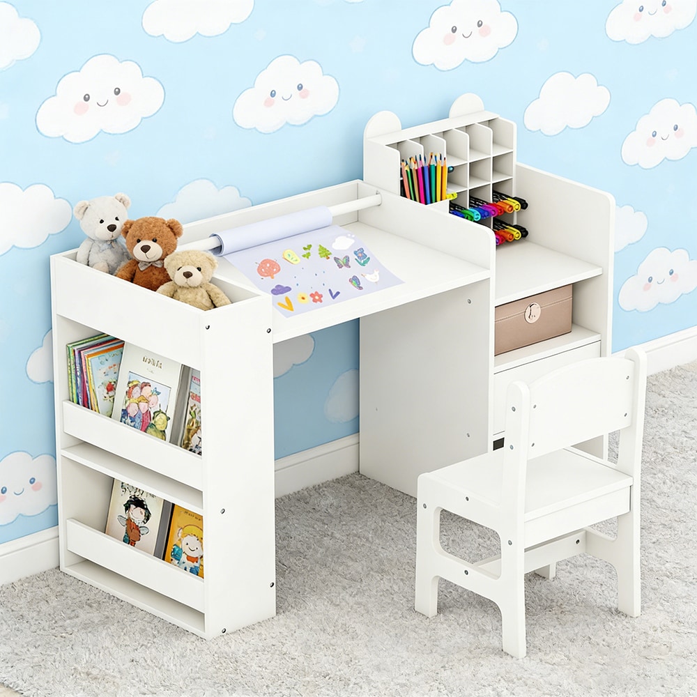 Kids Art Table And Chair Set With Detachable Paper Roll Holder And Cabinet_voghion.com